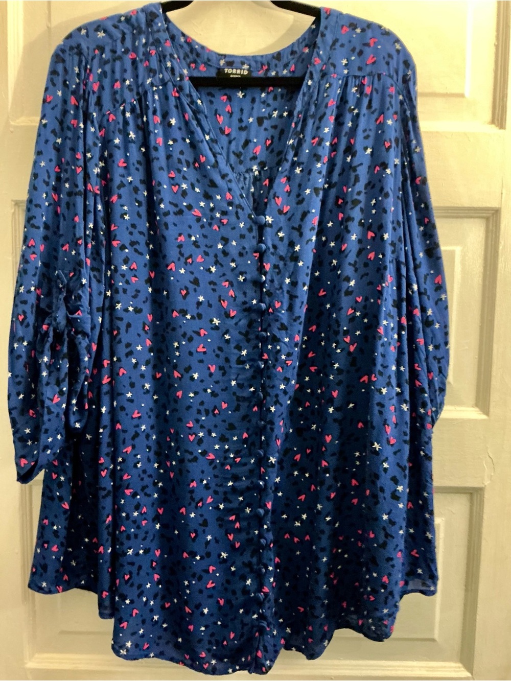 Torrid Harper Blue Hearts & Stars Print Button Front Tunic Blouse Size 3 (22/24)